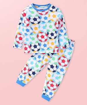 Babyhug Cotton Knit Full Sleeves Night Suit With Footballs Print - White