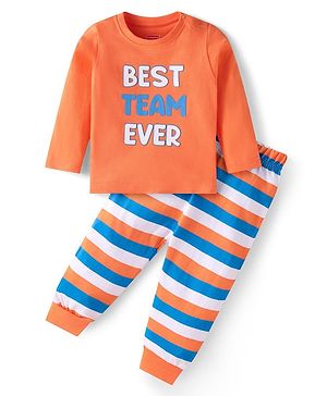 Babyhug Cotton Knit Full Sleeves Striped & Text Printed Night Suit - Orange