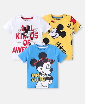 Babyhug Disney Single Jersey Knit Half Sleeves T-Shirts With Mickey Mouse Graphics Pack of 3 - White Yellow & Blue