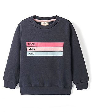 Lazy Bones Fleece Knit Full Sleeves Sweatshirt With Text Print - Navy Blue