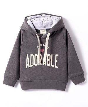 Ollypop Fleece Knit Full Sleeves Hooded Sweatshirt With Text Print - Charcoal Grey