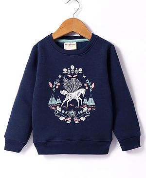 Lazy Bones Fleece Knit Full Sleeves Sweatshirt With Unicorn Print - Navy Blue