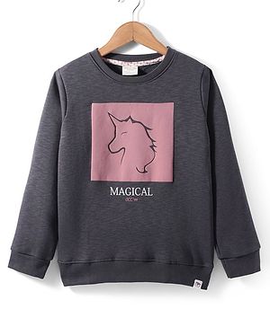 Ollypop Fleece Knit Full Sleeves Sweatshirt with Text Print - Charcoal Grey