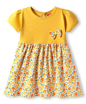 Babyhug Interlock Knit Half Sleeves Floral Printed Frock with Bow Applique - Yellow
