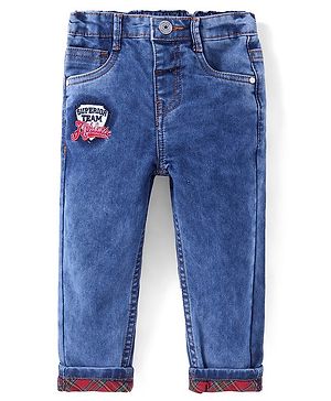 Babyhug Denim Full Length Jeans with Stretch Text Applique - Royal Blue