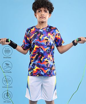 Pine Active Half Sleeves Camouflage Printed T-Shirt - Purple Blue & Yellow