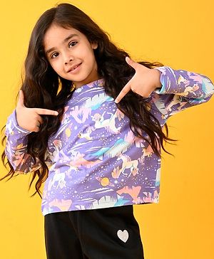 Anthrilo Cotton Blend Full Sleeves Unicorn Printed Comfort Fit Top - Purple