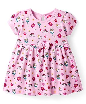 Babyhug Interlock Knit Half Sleeves Frock with Floral Print & Bow Applique - Pink