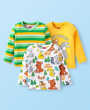 Babyhug Cotton Knit Full Sleeves T-Shirts With Strips & Animal Print Pack of 3 - White & Orange