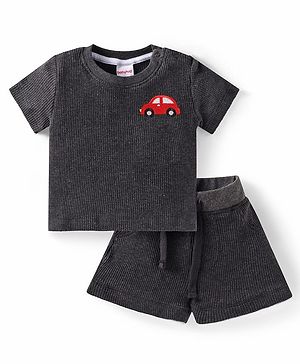 Babyhug Half Sleeves Car Printed T- Shirt & Shorts Set - Grey