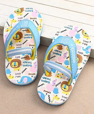 Cute Walk by Babyhug Flip Flops with Animal Print & Velcro Closure - Light Blue