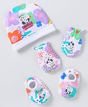 Babyhug Interlock Knit Cap Mittens & Booties Set With Disney Princess Cinderella Print White Orange - Diameter 10 cm