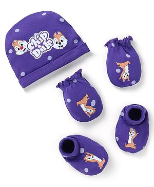 Babyhug Disney Interlock Knit Cap Mittens & Booties With Chip 'n Dale Graphics - Purple