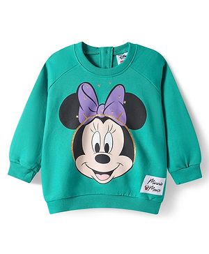 Babyhug Disney Terry Knit Full Raglan Sleeves Sweatshirt with Minnie Mouse Graphics - Mint Green