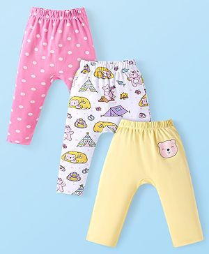 Babyhug Interlock Knit Full Length Diaper Leggings Animal Print Pack of 3 - Pink White & Yellow