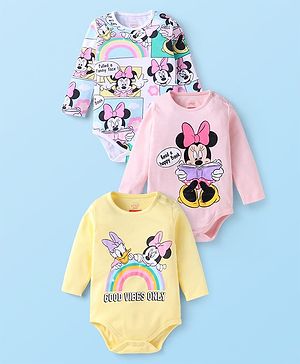 Babyhug Disney Interlock Knit Full Sleeves Onesies With Minnie Mouse Graphics Pack of 3 - Yellow Blue & Light Pink