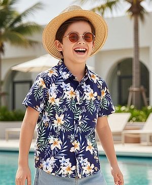 Pine Kids Cotton Woven Half Sleeves Shirt With Floral Print - Navy Blue