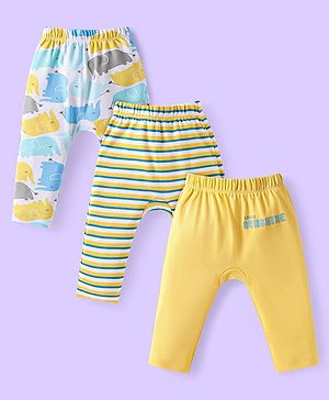 Babyhug Cotton Knit Full Length Diaper Leggings with Elephant Print & Stripes Pack of 3 - Yellow & White