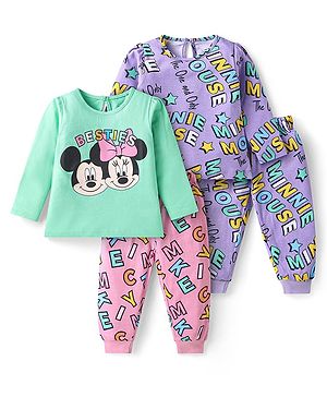 Babyhug Disney Cotton Knit Full Sleeves Night Suits With Mickey & Minnie Mouse Graphics Pack Of 2 - Lilac & Turquoise