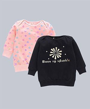 Kadam Baby Diwali Theme Pack Of 2 Cotton Full Sleeves Born To Sparkle Text Printed & Hearts Glitter Printed Sweatshirts - Black & Pink