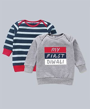 Kadam Baby Diwali Theme Pack Of 2 Cotton Full Sleeves Striped & My First Diwali Text Printed Sweatshirts - Black & Grey