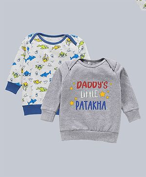 Kadam Baby Diwali Theme Pack Of 2 Cotton Full Sleeves Sharks & Daddys Little Patakha Text Printed Sweatshirts - White & Grey