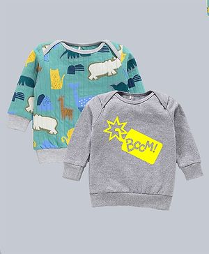 Kadam Baby Diwali Theme Pack Of 2 Cotton Full Sleeves Animals & Bom Text Printed Sweatshirts - Green & Grey