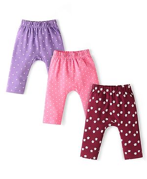 Babyhug Cotton Knit Full Length Diaper Leggings with Floral Print & Polka Dots Pack of 3 - Pink Brown & Lavender