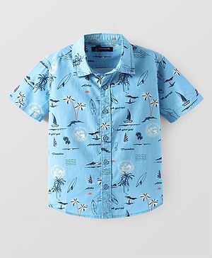 Pine Kids Cotton Woven Half Sleeves Shirt With Nautical Theme Print - Light Blue