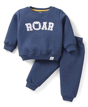 Simply Knit Full Sleeves Text Printed Winter Wear T-Shirt & Lounge Pant Set - Navy Blue