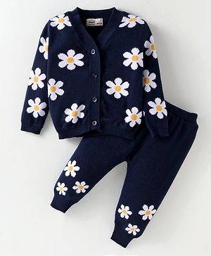 Simply Knitted Full Sleeves Front Open Sweater Set With Floral Design - Navy Blue