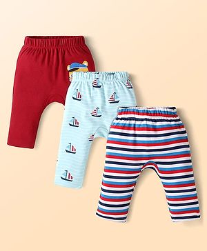 Babyhug Cotton Knit Full Length Diaper Leggings with Ship Print & Stripes Pack of 3 - Red Light Blue & White
