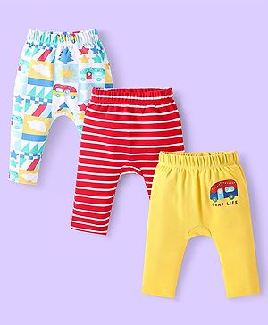 Babyhug Cotton Knit Full Length Diaper Leggings With Stripes & Vehicle Print Pack Of 3 - Red & Yellow