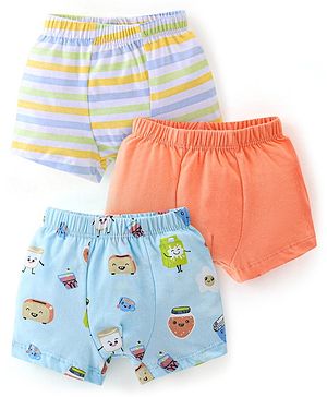 Babyhug 100% Cotton Single Jersey Knit Trunks With Striped & Cup Print Pack Of 3 - Orange Light Blue & Yellow