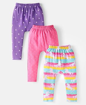 Babyhug Interlock Knit Full Length Unicorn Heart & Polka Dots Printed Diaper Leggings Pack of 3 - Pink Purple & Blue