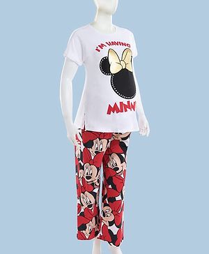 Bella Mama Disney Cotton Knit Half Sleeves Pullover Maternity Night Suit With Minnie Mouse Graphics - Red