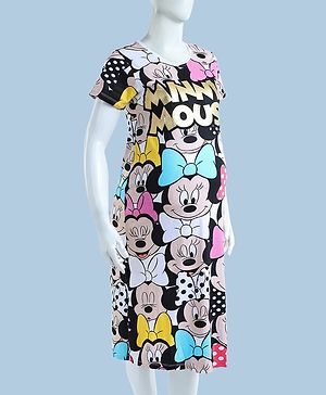 Bella Mama Disney Cotton Knit Half Sleeves Nighty with Mickey Mouse Print & Foil Detailing - Black