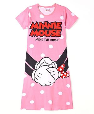 Bella Mama Disney Cotton Knit Half Sleeves Polka Dot Printed Nighty With Minnie Mouse Graphics - Pink