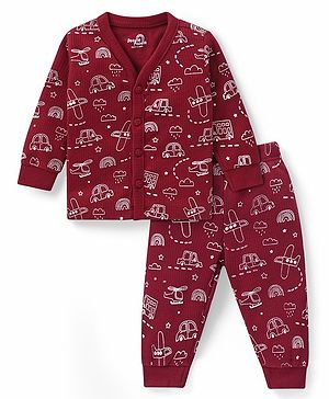 Doodle Poodle Cotton Knit Full Sleeves Vehicle Printed Front Open Thermal Vest & Pant Set - Dark Red