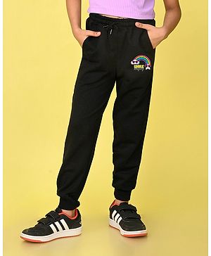 NUSYL Cotton Blend Full Length Smile Everyday Text Printed Joggers - Black