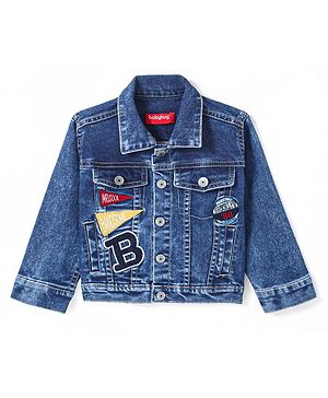 Babyhug Full Sleeves Washed Denim Jacket with Text Embroidery - Blue