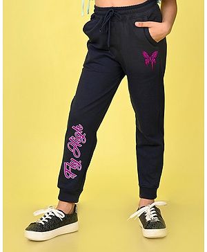 NUSYL Cotton Blend Full Length Butterfly & Text Printed Joggers - Navy Blue