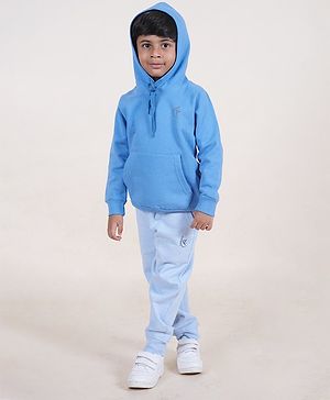 Kiddopanti Fleece Full Sleeves Brand Logo Printed Hooded Sweatshirt With Coordinating Joggers - Blue