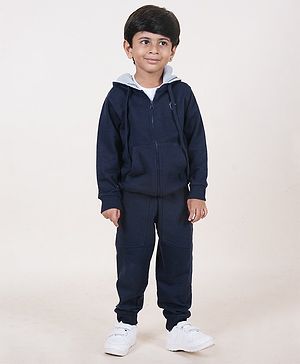 Kiddopanti Fleece Full Sleeves Brand Logo Printed Hooded Sweatshirt With Coordinating Joggers - Navy Blue