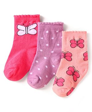 Cute Walk By Babyhug Cotton Knit Anti-Bacterial Ankle Length Socks With Butterfly & Polka Dot Design Pack Of 3 - Purple Pink & Red