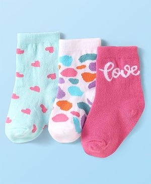 Cute Walk By Babyhug Anti-Bacterial Ankle Length Socks With Text & Heart Design Pack Of 3 - Pink & Light Blue