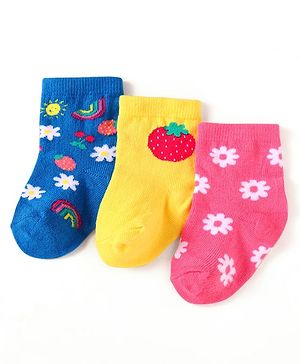 Cute Walk by Babyhug Knit Ankle Length Socks With Floral & Fruit Design Pack of 3 - Blue Yellow & Pink