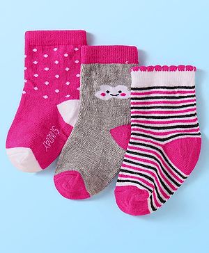 Cute Walk by Babyhug Anti-Bacterial Ankle Length Socks with Striped & Polka Dots Design  Pack of 3 - Dark Pink & Grey