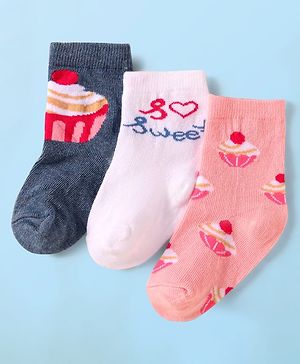 Cute Walk by Babyhug Knit Ankle Length Socks With Text Design Pack of 3 - Pink White & Grey