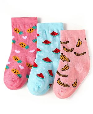 Cute Walk by Babyhug Knit Ankle Length Socks With Fruit Design Pack of 3 - Pink & Blue